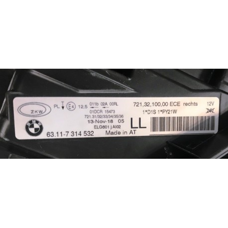 BMW F30 F31 12-15 priekšējais R lukturis Xenon D1S, 63117314532, 7314532