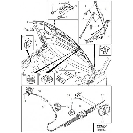 Volvo S60 V70 XC70 motora pārsega atvēršanas trose 9170365