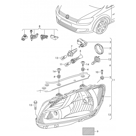VW Caddy 10-18 lukturis remkomplekts R 2K5998226