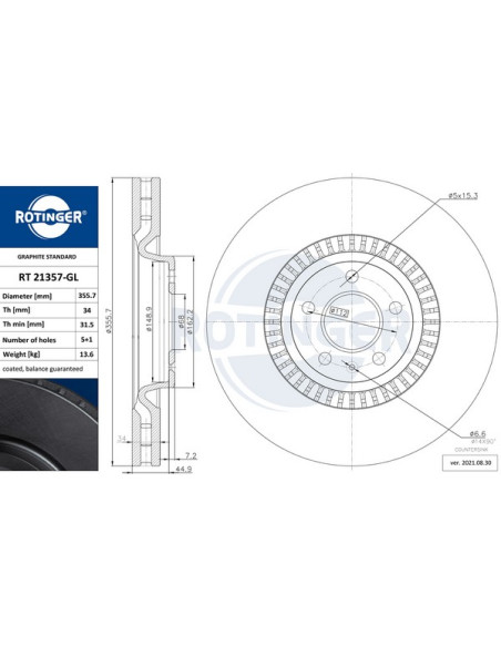 Audi A6 C7, A7 Bremžu disks priekšā 356mm RT 21357-GL